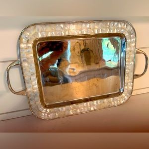 Elegant handled serving tray - silver with mother-of-pearl inlay around the edge